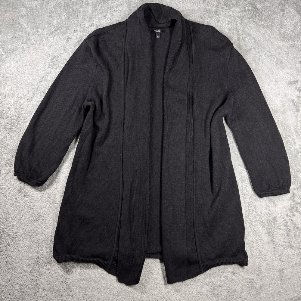 Talbots Black Open Front Long Duster Cardigan‎ Linen Cotton Women's Large